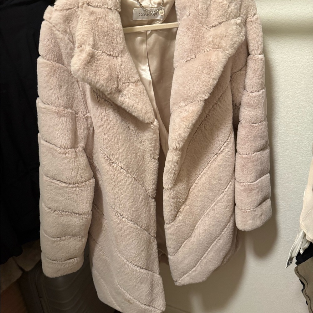 Calvin Klein Women's Cream Faux Fur Coat